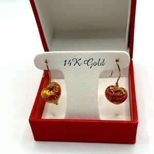 14k Glass Blown Heart Dangling Earrings